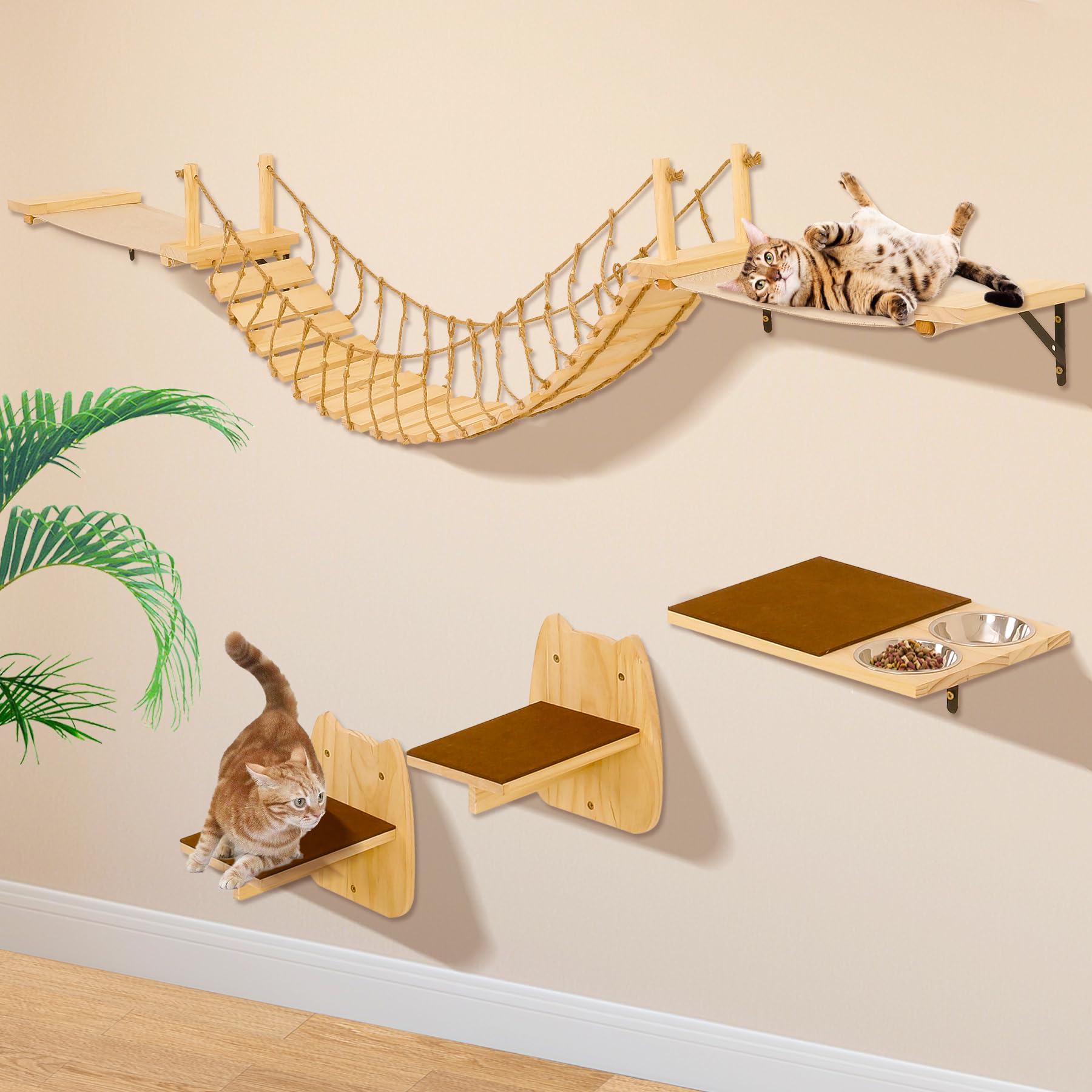 Calmbee Cat Wall Shelves, Cat Wall Furniture 70'' Cat Bridge Wall Mount Cat Perch Wooden Hammock Cat Tree Cat Climber Cat Cloud
